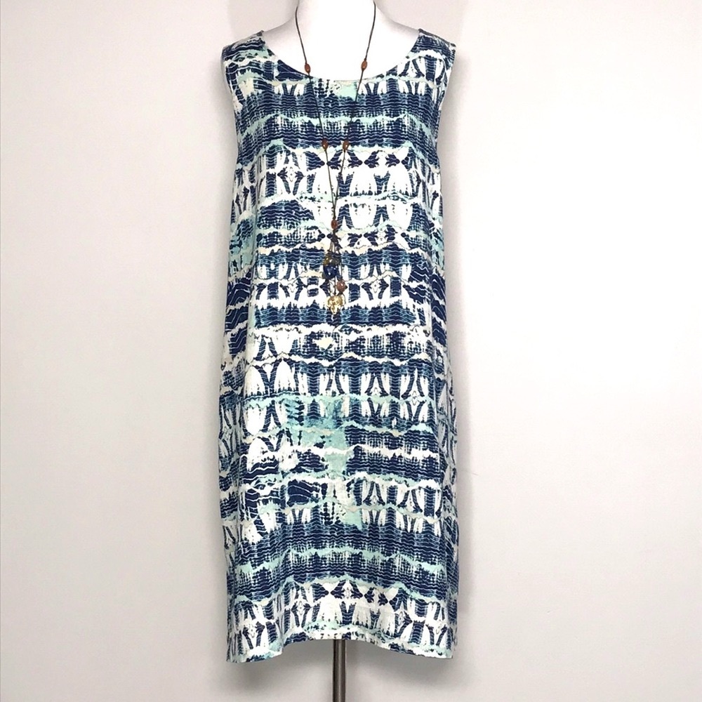 Nicole Miller Women’s Blue & White Linen Tie Dye Swing Midi Dress Size XL